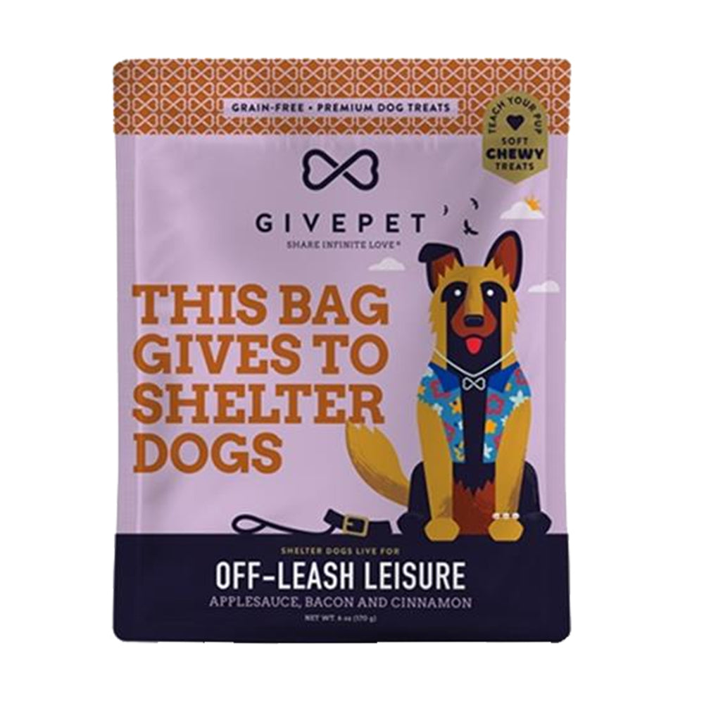 Front of Givepet Off-Leash Leisure Grain-Free Premium Soft Chewy Dog Treats Applesauce, Bacon & Cinnamon 6-oz
