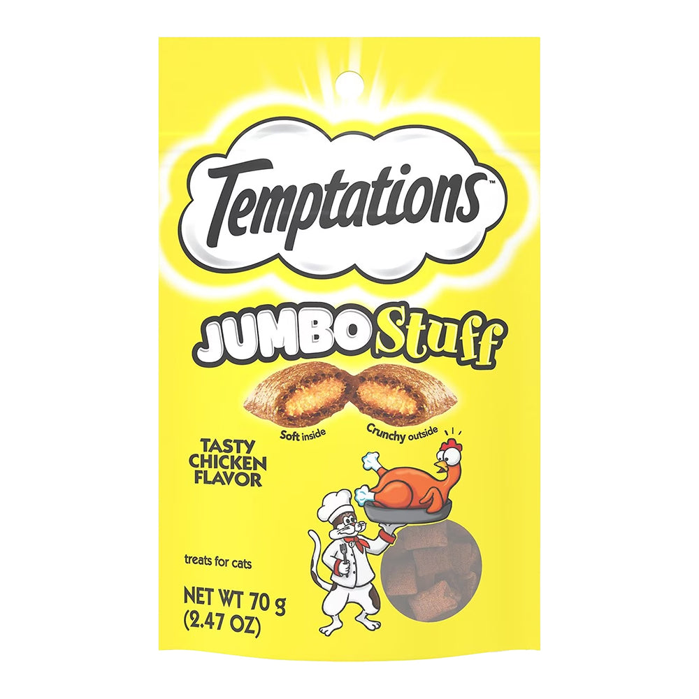 Front of Temptations Jumbo Stuff Soft & Crunchy Cat Treats Tasty Chicken 2.47-oz