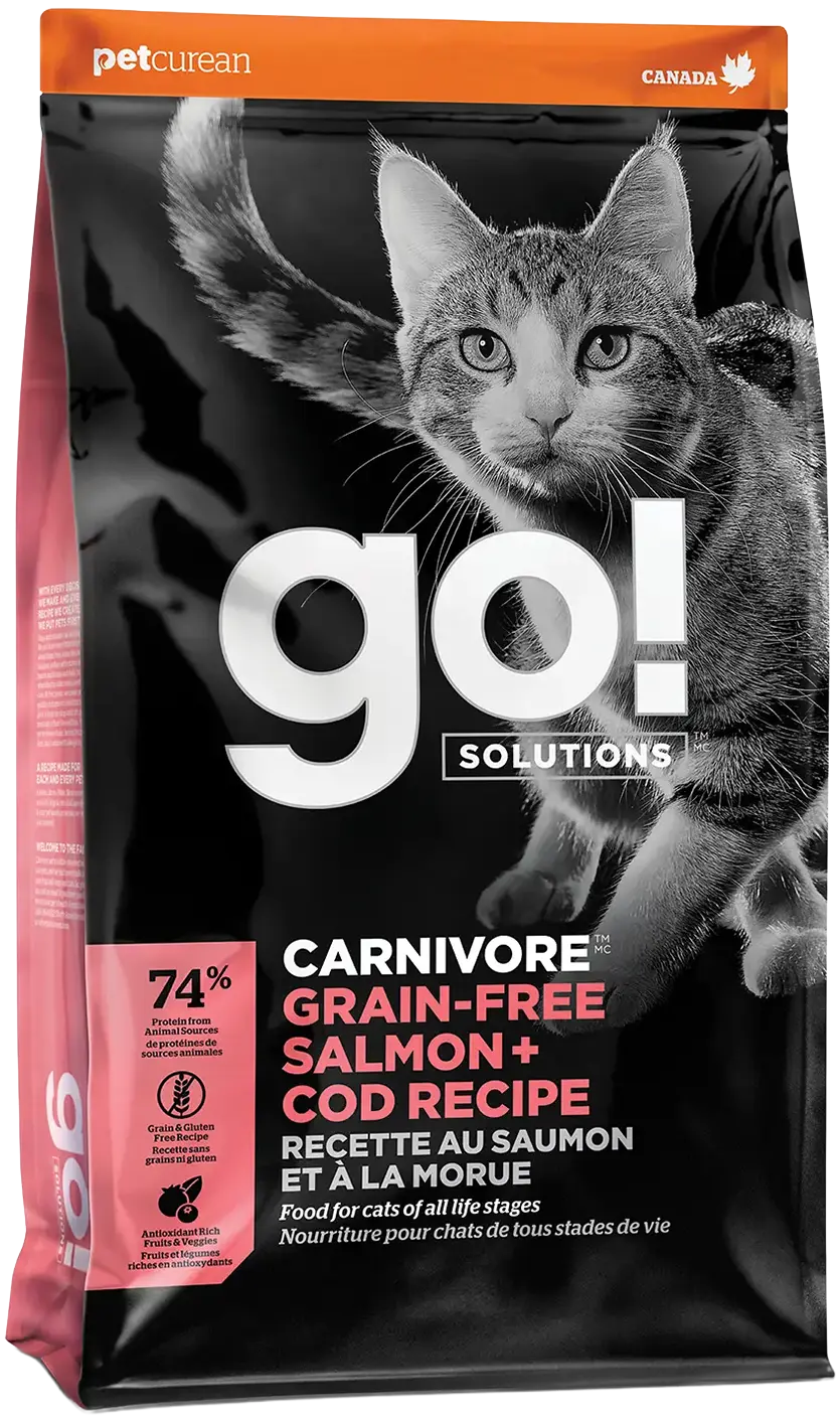Front of Petcurean Go! Solutions Carnivore Grain-Free Dry Cat Food Salmon & Cod 3-lb