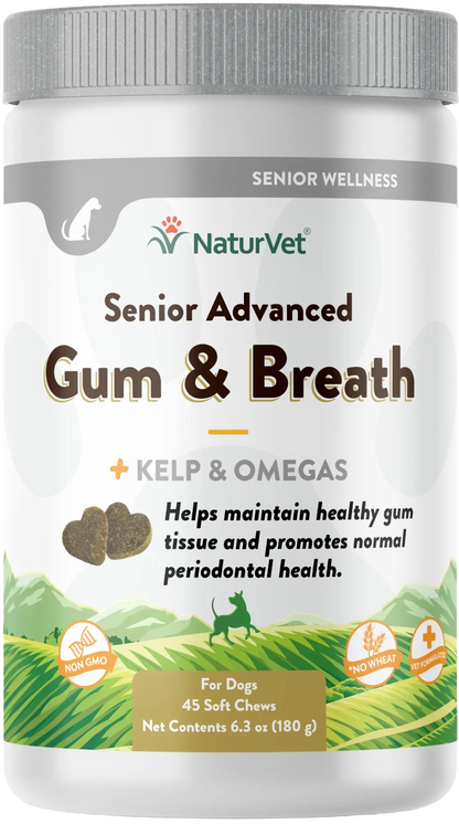 Front of NaturVet Senior Advanced Gum & Breath Dog Soft Chews 45 Count 6.3-oz