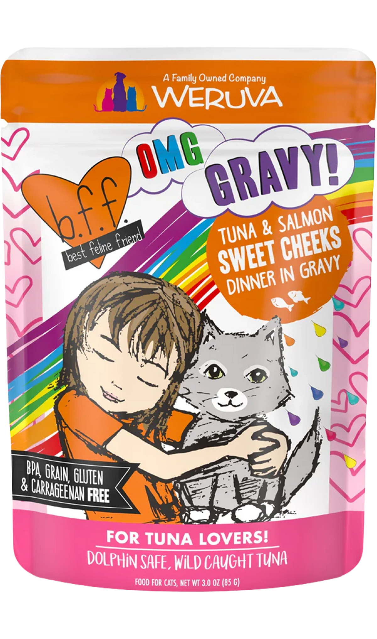 Front of Weruva B.F.F. OMG Tuna & Salmon Sweet Cheeks Dinner in Gravy Wet Cat Food Pouches 3-oz
