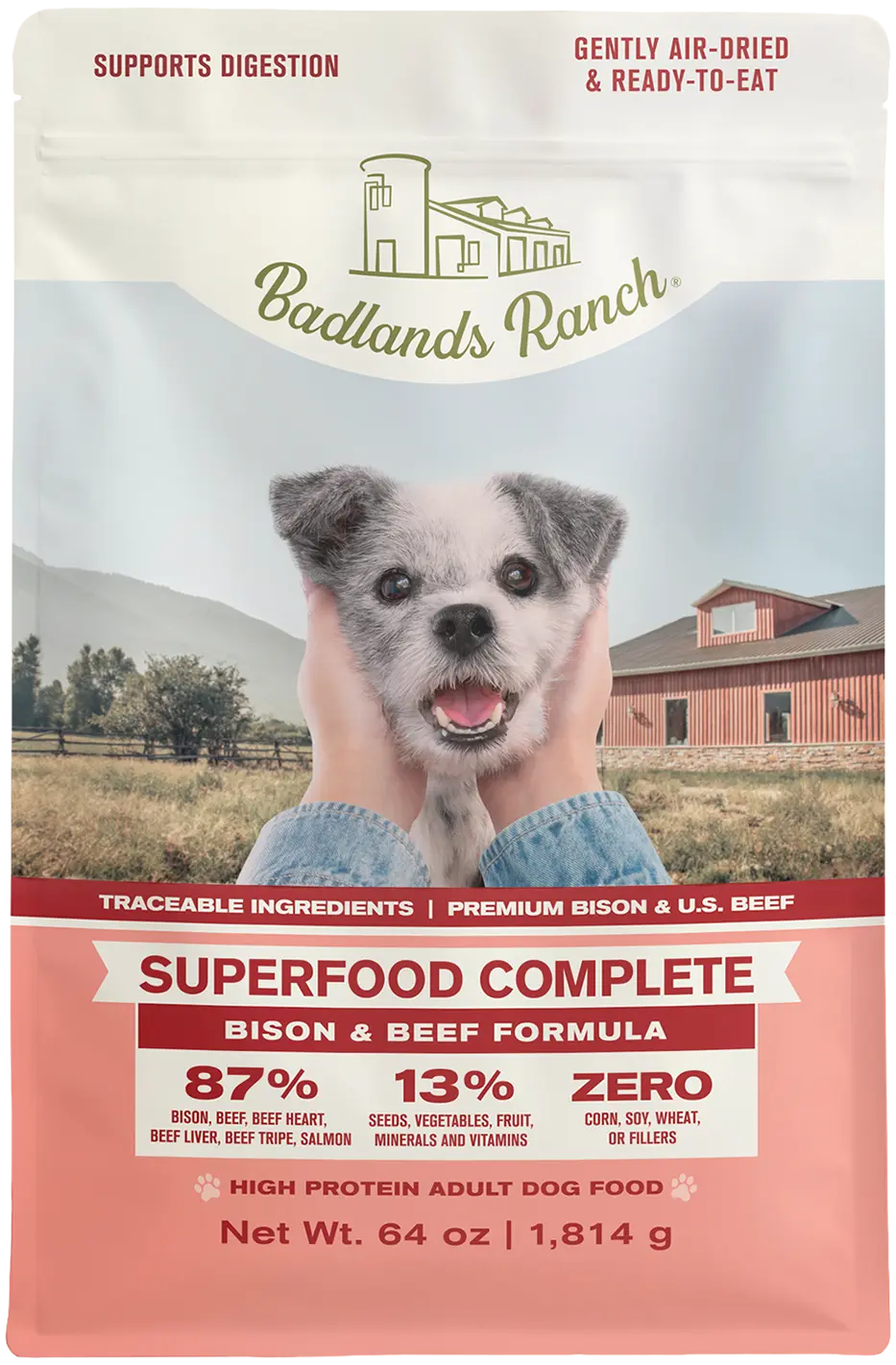 Front of Badlands Ranch Superfood Complete Air-Dried Dog Food Bison & Beef 64-oz
