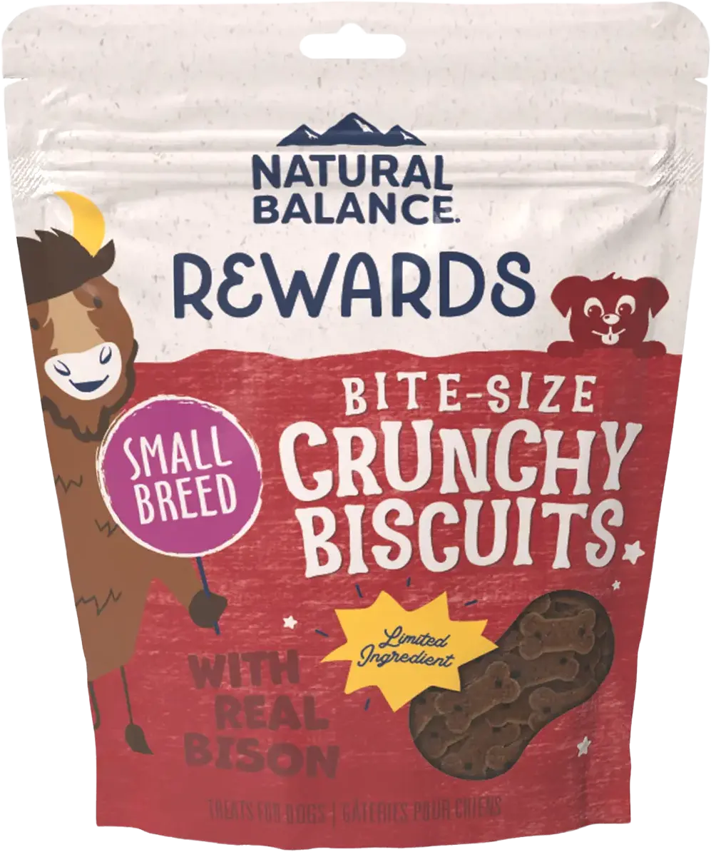 Front of Natural Balance Pet Foods Rewards Bite-Size Crunchy Biscuits Small Breed Dog Treats Bison 8-oz