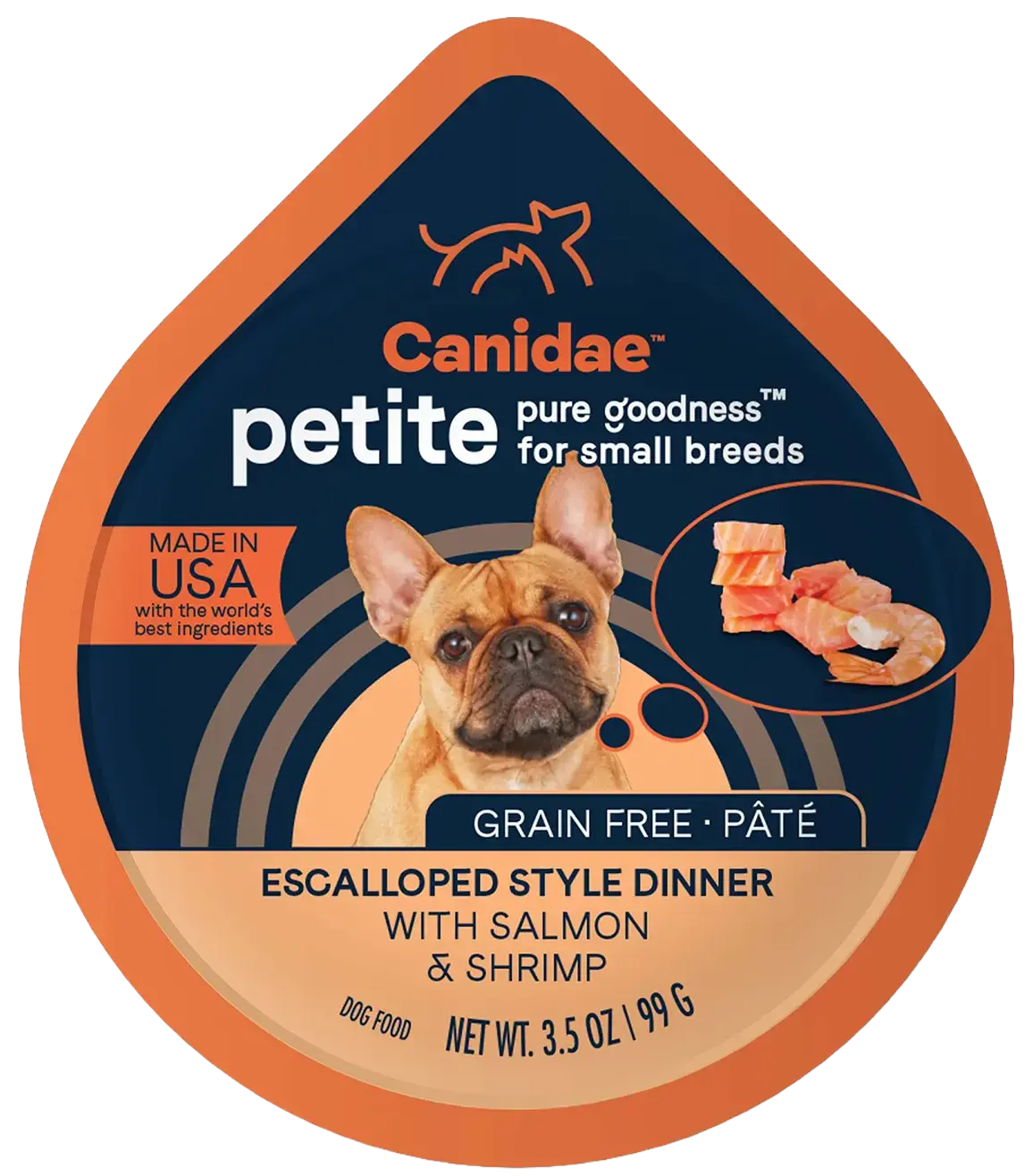 Front of CANIDAE PURE Petite Goodness for Small Breed Grain-Free Paté Canned Dog Food Salmon & Shrimp 3.5-oz