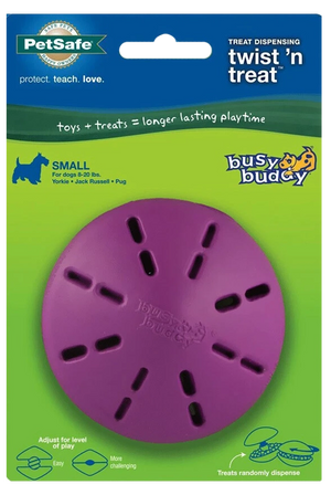 Front of Busy Buddy Twist 'n Treat Treat-Dispensing Dog Toy Purple Small