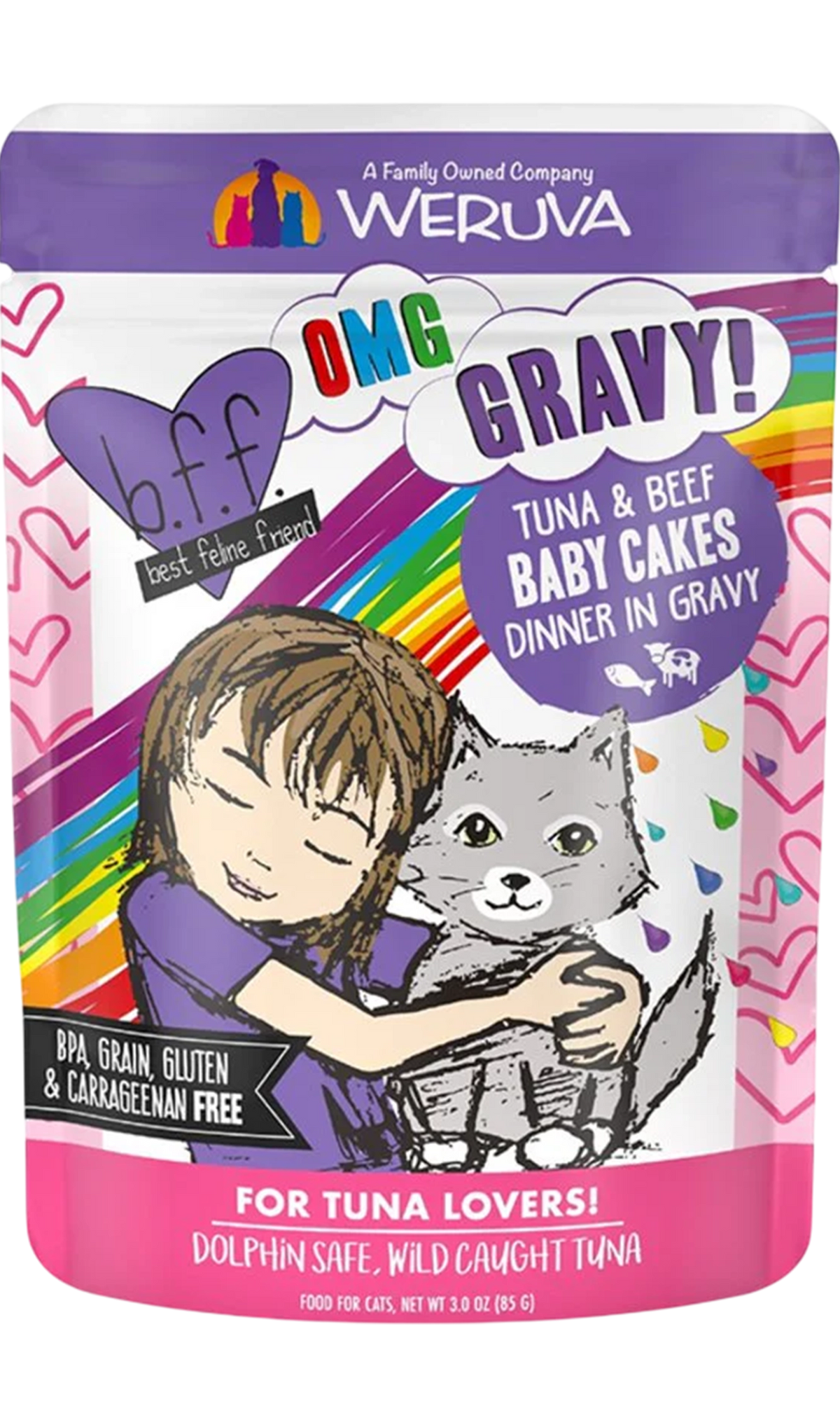 Weruva B.F.F. OMG Tuna & Beef Baby Cakes Dinner in Gravy Wet Cat Food Pouches 3-oz