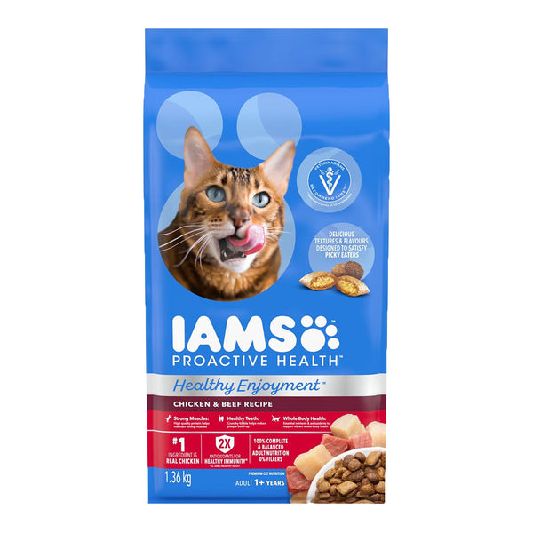 Front of IAMS ProActive Health Healthy Enjoyment Adult Dry Cat Food Chicken & Beef 3-lb