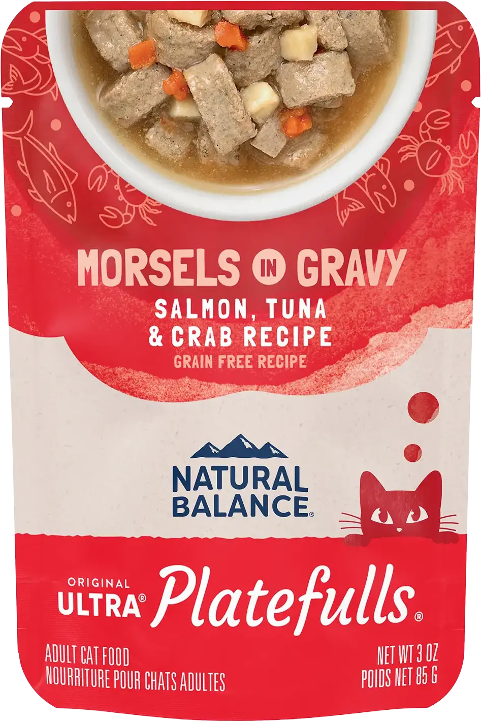 Front of Natural Balance Pet Foods Original Ultra Platefulls Morsels in Gravy Wet Cat Food Salmon Tuna & Crab 3-oz