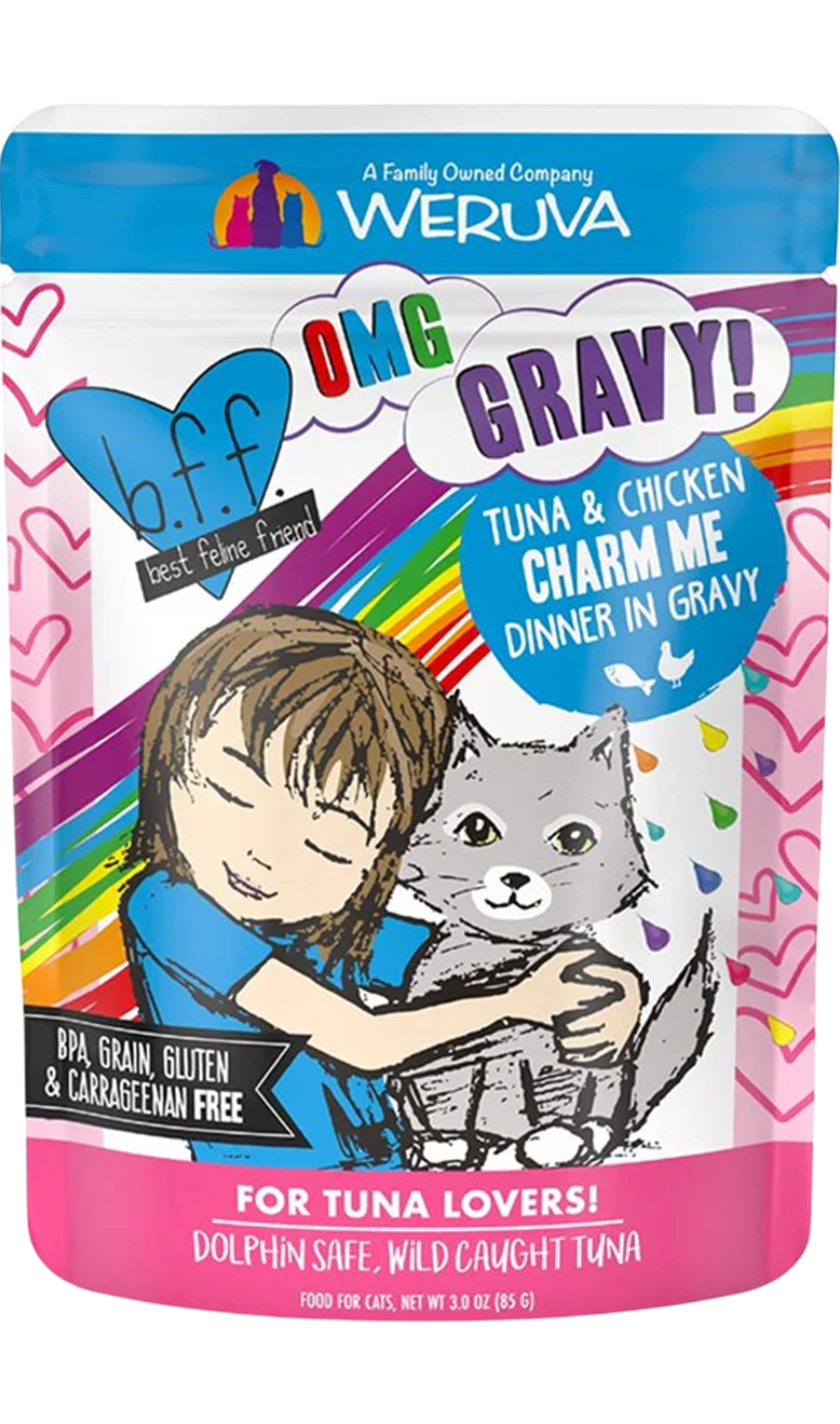 Front of Weruva B.F.F. OMG Tuna & Chicken Charm Me Dinner in Gravy Wet Cat Food Pouches 3-oz