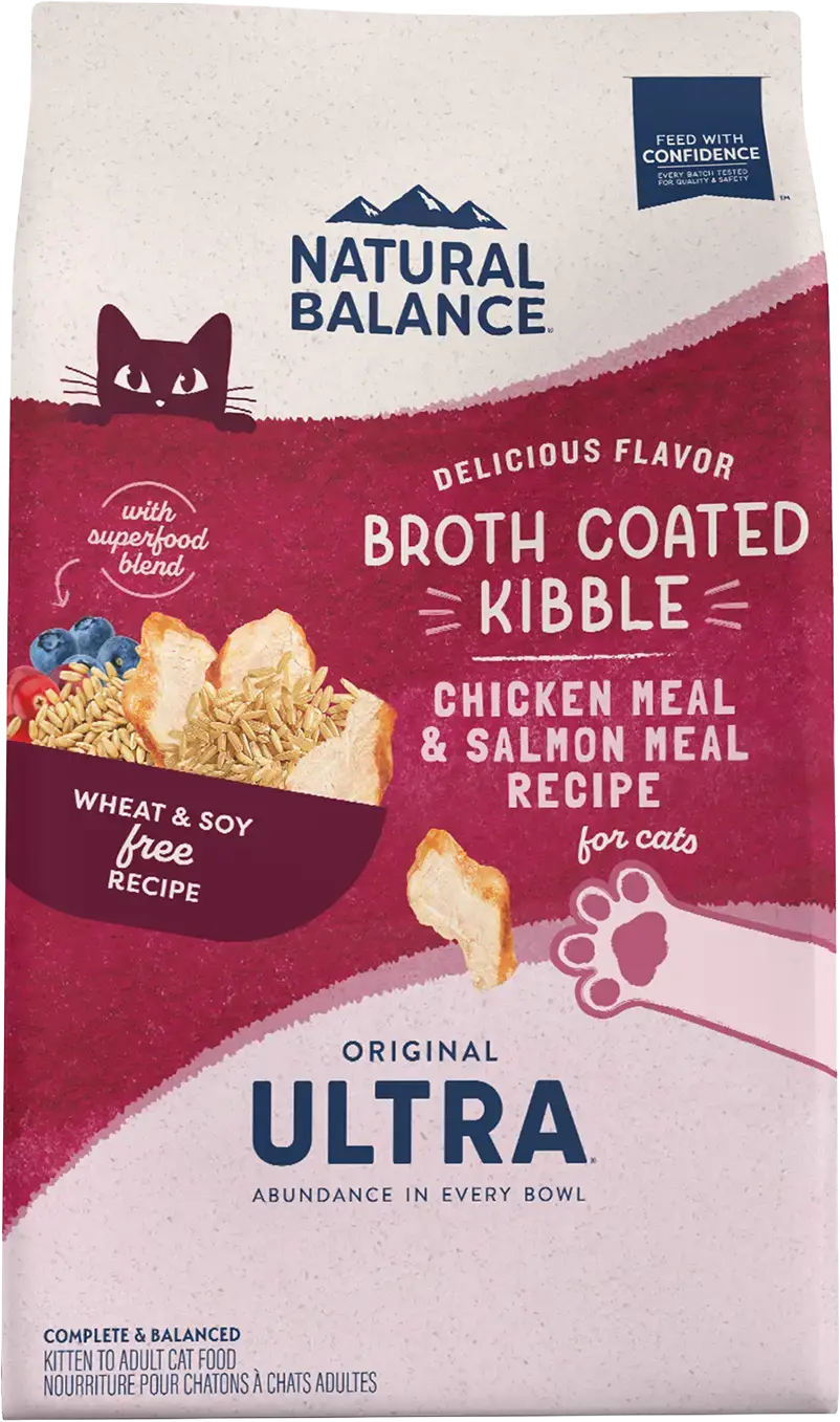 Front of Natural Balance Pet Foods Original Ultra Broth Coated Adult Dry Cat Food Chicken Meal & Salmon Meal 15-lb