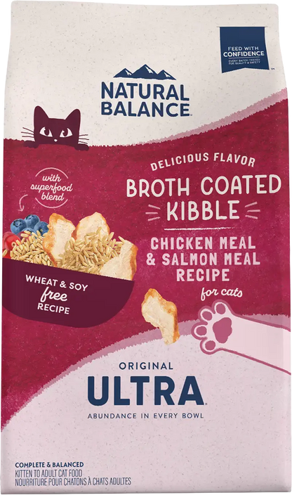 Front of Natural Balance Pet Foods Original Ultra Broth Coated Adult Dry Cat Food Chicken Meal & Salmon Meal 15-lb