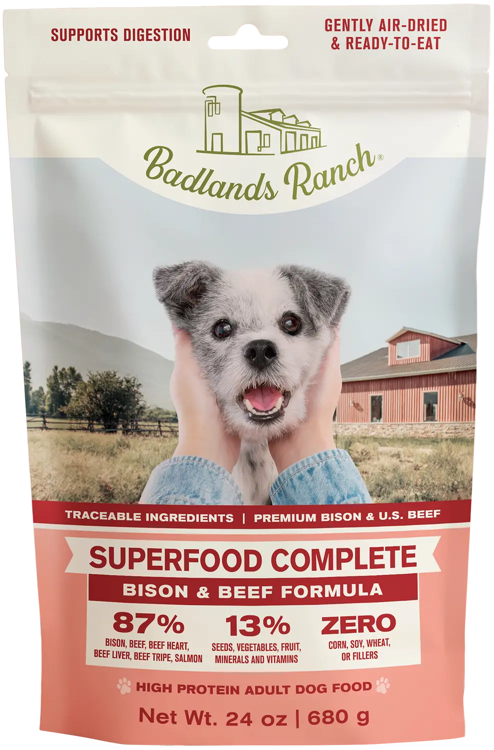 Front of Badlands Ranch Superfood Complete Air-Dried Dog Food Bison & Beef 24-oz