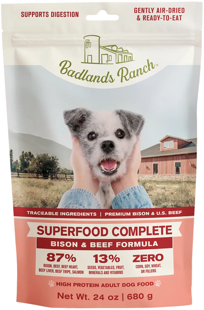 Front of Badlands Ranch Superfood Complete Air-Dried Dog Food Bison & Beef 24-oz