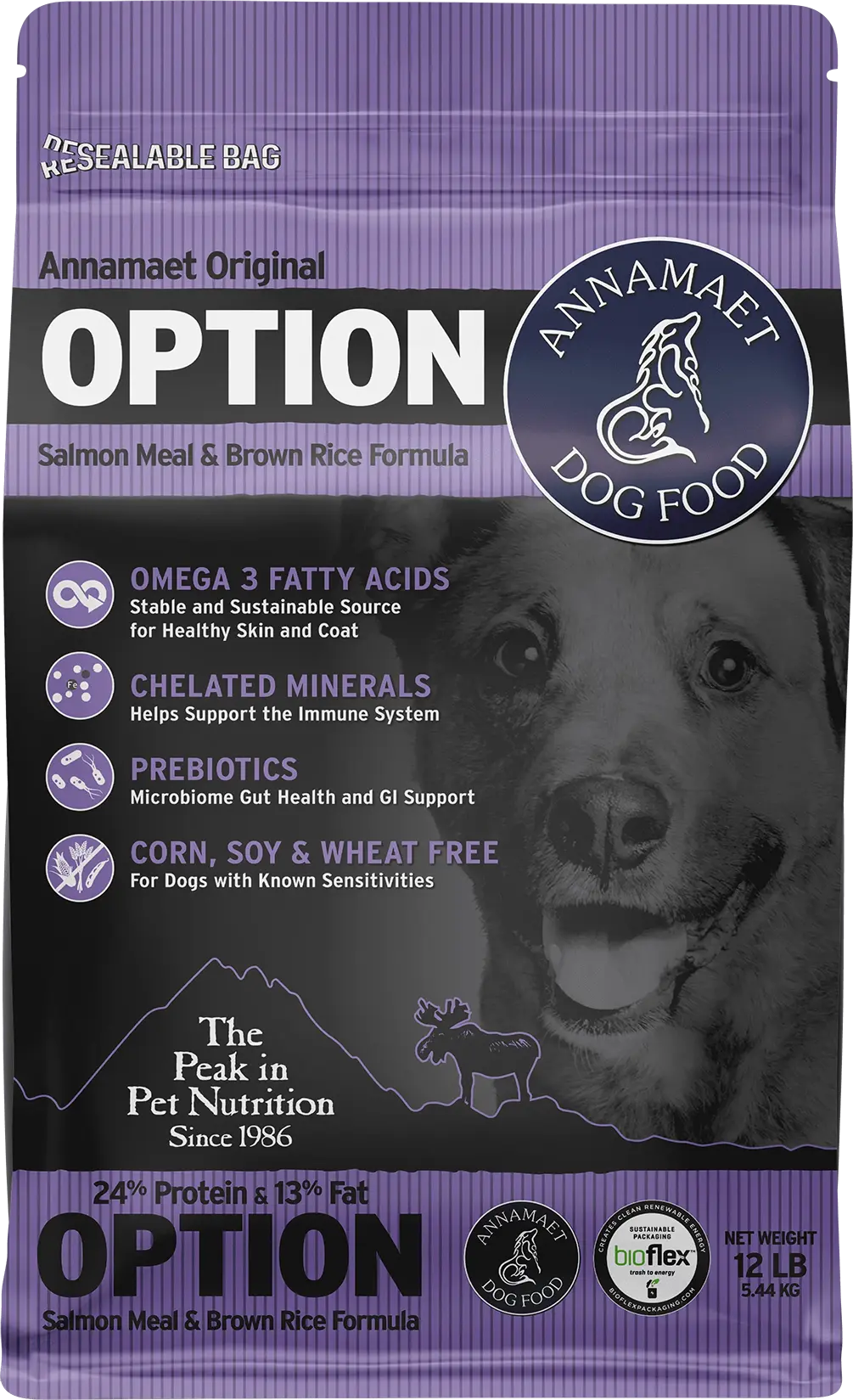 Front of Annamaet Original Option Dry Dog Food Salmon Meal & Brown Rice Formula 12-lb