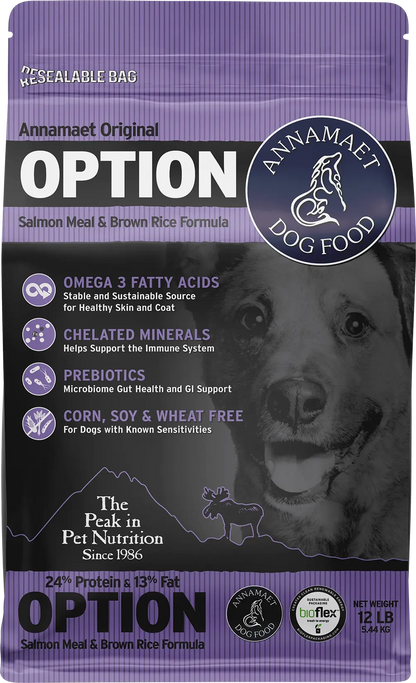 Front of Annamaet Original Option Dry Dog Food Salmon Meal & Brown Rice Formula 12-lb