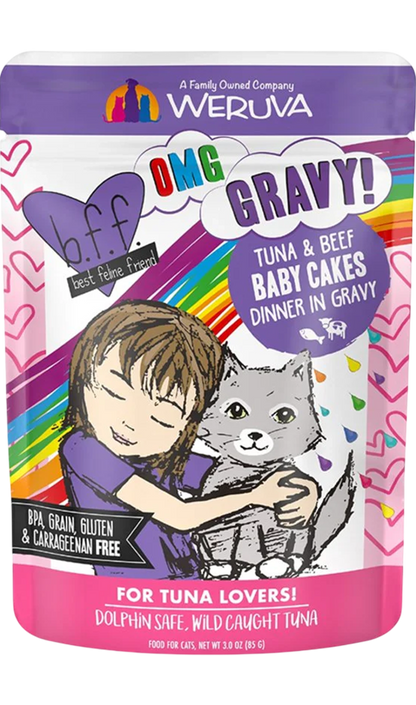 Front of Weruva B.F.F. OMG Tuna & Beef Baby Cakes Dinner in Gravy Wet Cat Food Pouches 3-oz