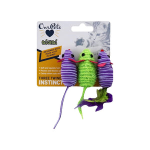 Front of OurPets Three Twined Mice Catnip Instinct Toy Green & Purple 3 Count