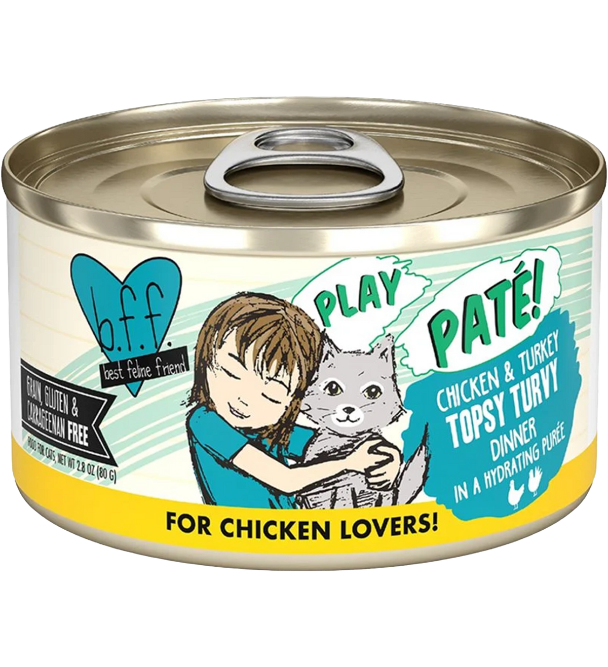 Front of Weruva B.F.F. PLAY Paté Chicken & Turkey Topsy Turvy Dinner in a Hydrating Purée Wet Cat Food 2.8-oz