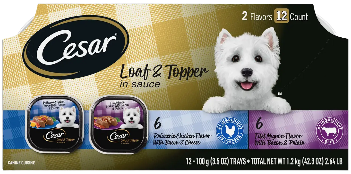 Front of Cesar Loaf & Topper in Sauce Adult Wet Dog Food Variety Pack Rotisserie Chicken, Filet Mignon 12 Count 3.5-oz