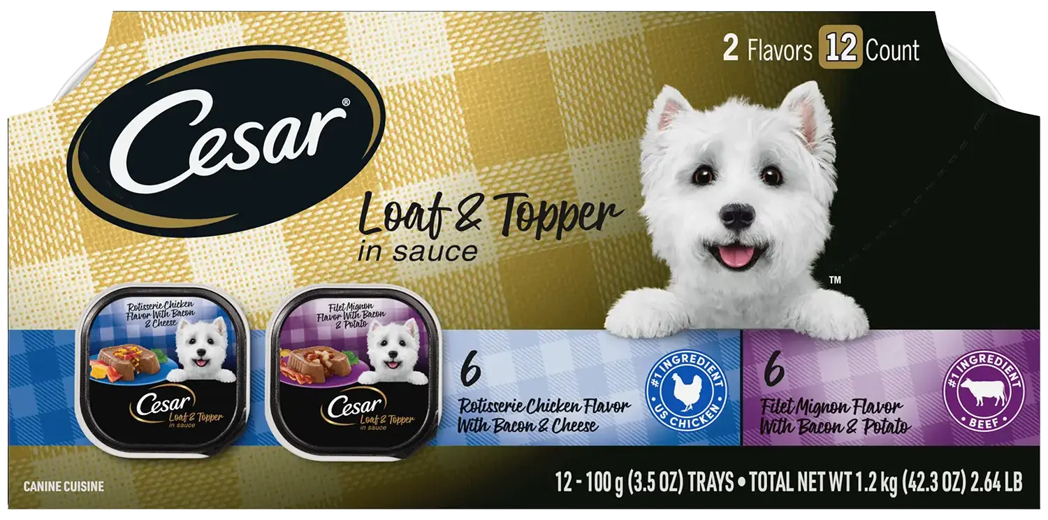 Front of Cesar Loaf & Topper in Sauce Adult Wet Dog Food Variety Pack Rotisserie Chicken, Filet Mignon 12 Count 3.5-oz