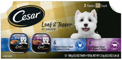 Front of Cesar Loaf & Topper in Sauce Adult Wet Dog Food Variety Pack Rotisserie Chicken, Filet Mignon 12 Count 3.5-oz