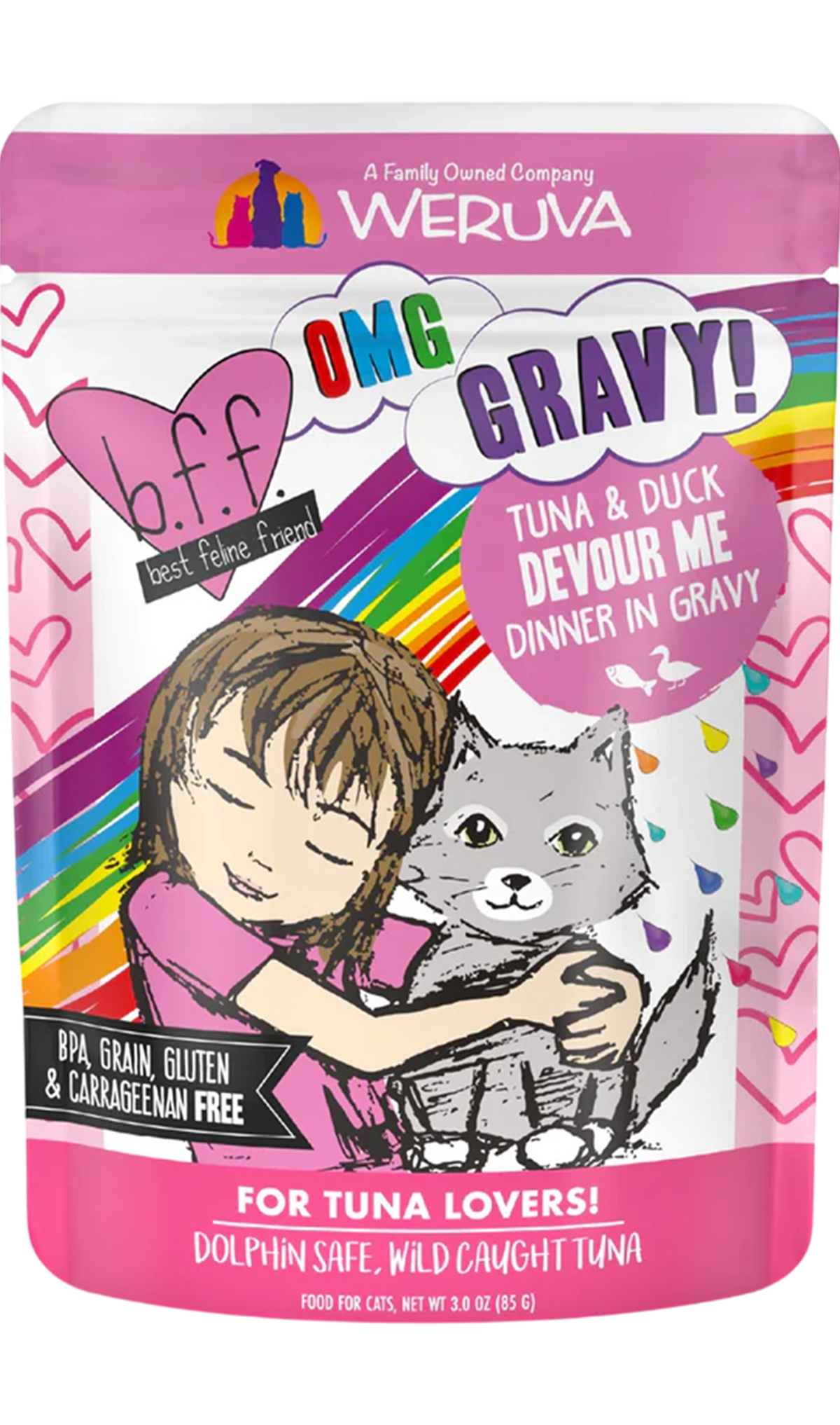 Front of Weruva B.F.F. OMG Tuna & Duck Devour Me Dinner in Gravy Wet Cat Food Pouches 3-oz