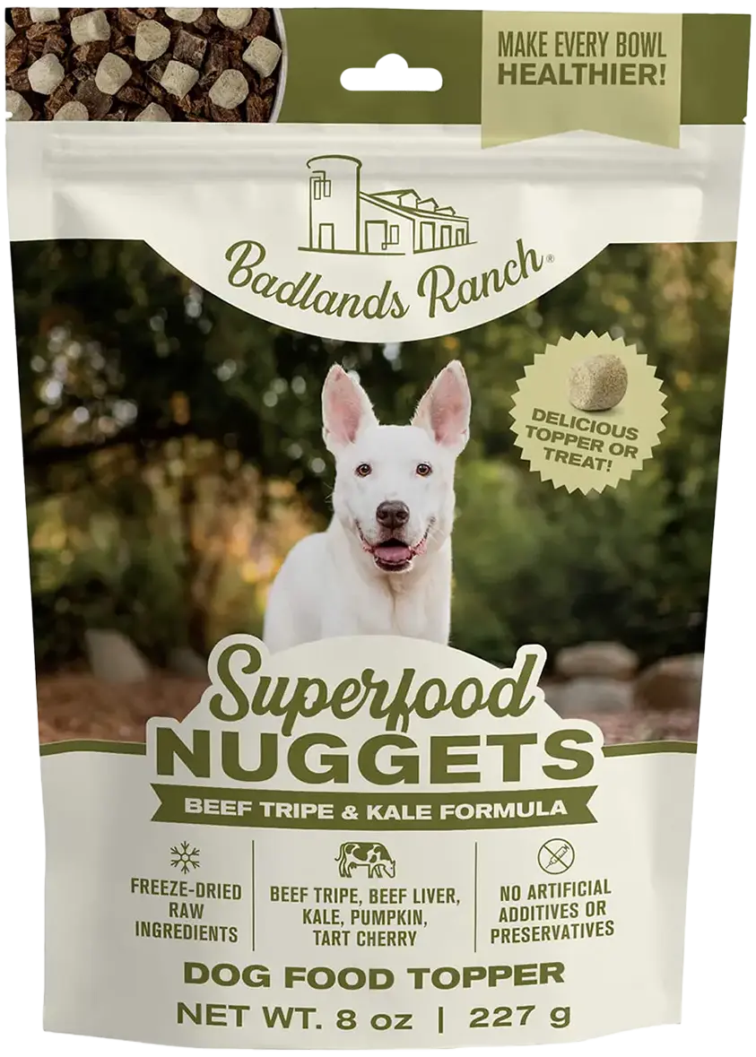 Front of Badlands Ranch Superfood Nuggets Freeze-Dried Raw Dog Treats Beef Tripe & Kale 8-oz