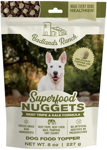 Front of Badlands Ranch Superfood Nuggets Freeze-Dried Raw Dog Treats Beef Tripe & Kale 8-oz