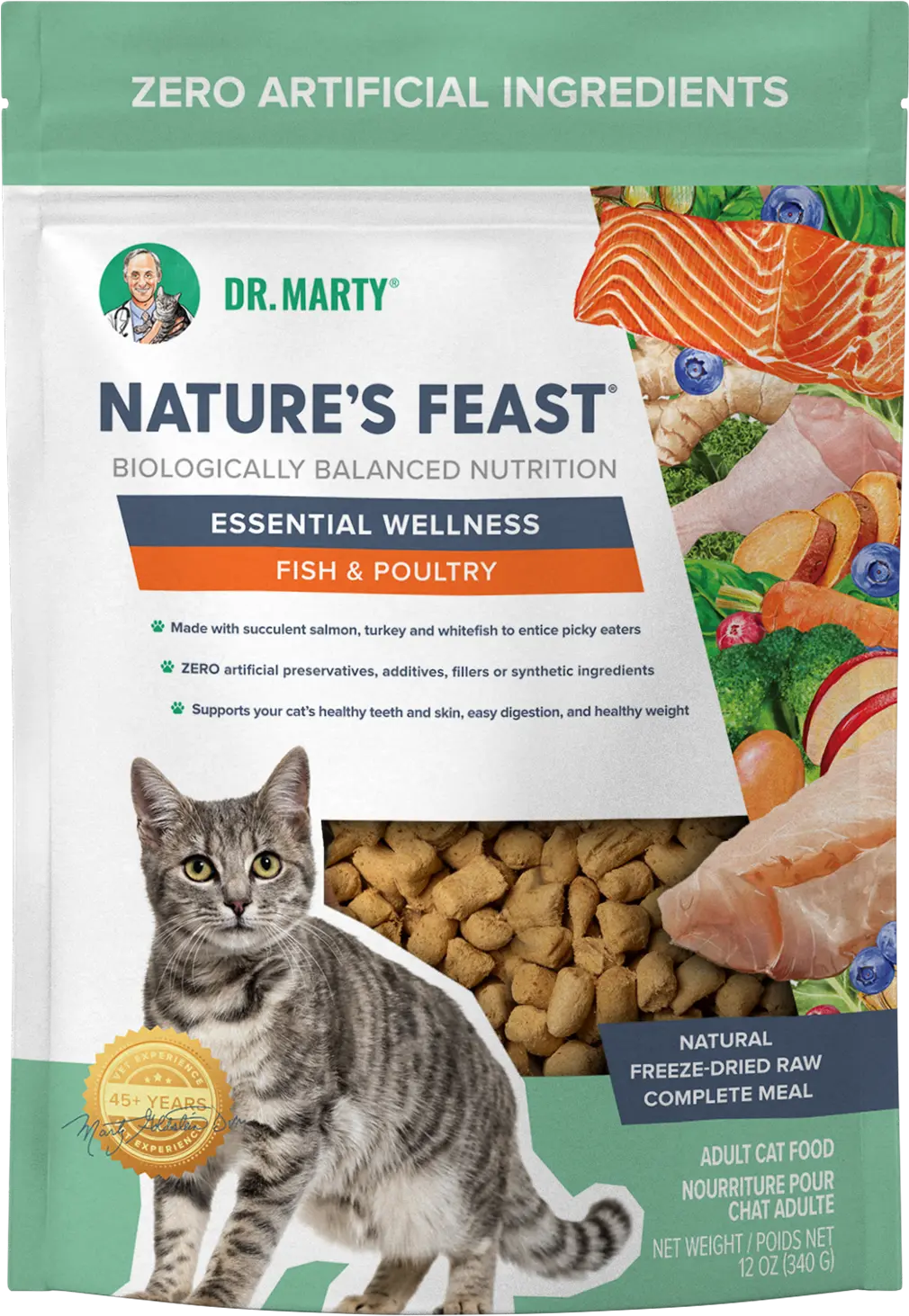 Front of Dr. Marty Nature's Feast Essential Wellness Premium Freeze-Dried Raw Adult Cat Food Fish & Poultry 12-oz