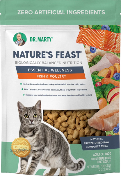 Front of Dr. Marty Nature's Feast Essential Wellness Premium Freeze-Dried Raw Adult Cat Food Fish & Poultry 12-oz