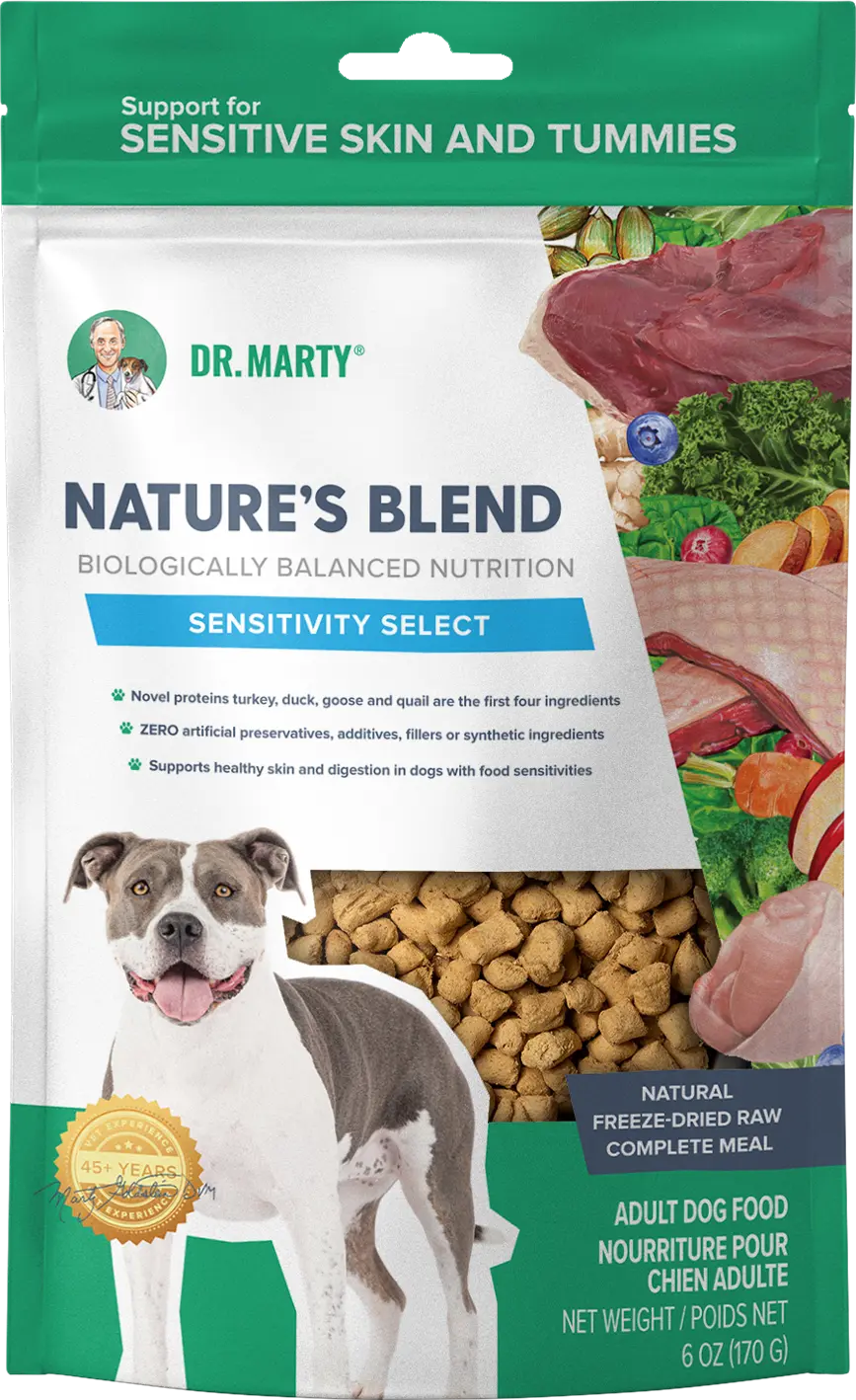 Front of Dr. Marty Nature's Blend Sensitivity Select Freeze-Dried Raw Adult Dog Food 6-oz