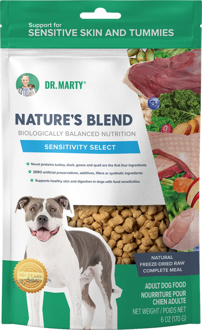 Front of Dr. Marty Nature's Blend Sensitivity Select Freeze-Dried Raw Adult Dog Food 6-oz