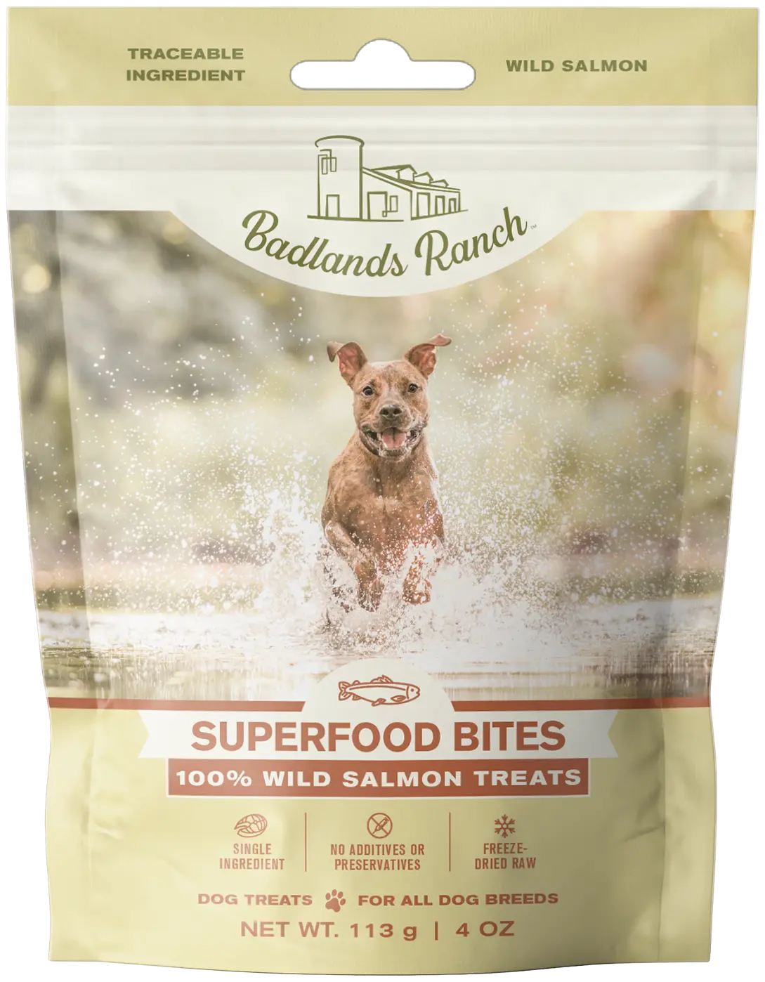 Front of Badlands Ranch Superfood Bites Freeze-Dried Raw Dog Treats Wild Salmon 4-oz