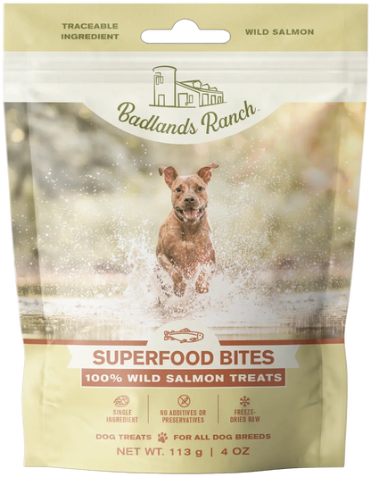 Front of Badlands Ranch Superfood Bites Freeze-Dried Raw Dog Treats Wild Salmon 4-oz