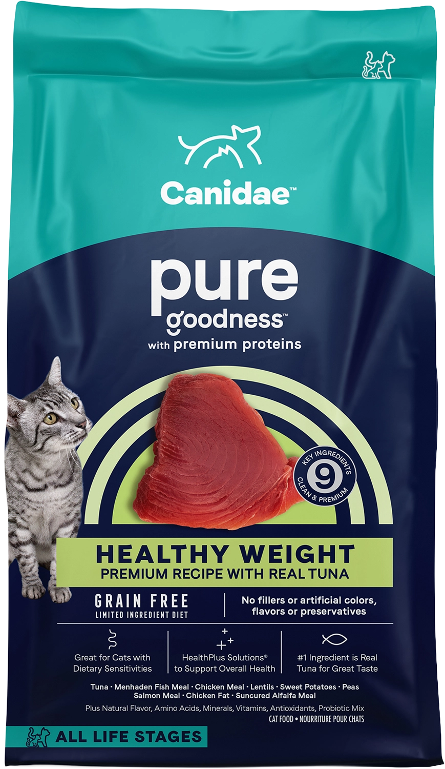 Front of CANIDAE PURE Grain-Free Limited Ingredient Healthy Weight Dry Cat Food Tuna 10-lb