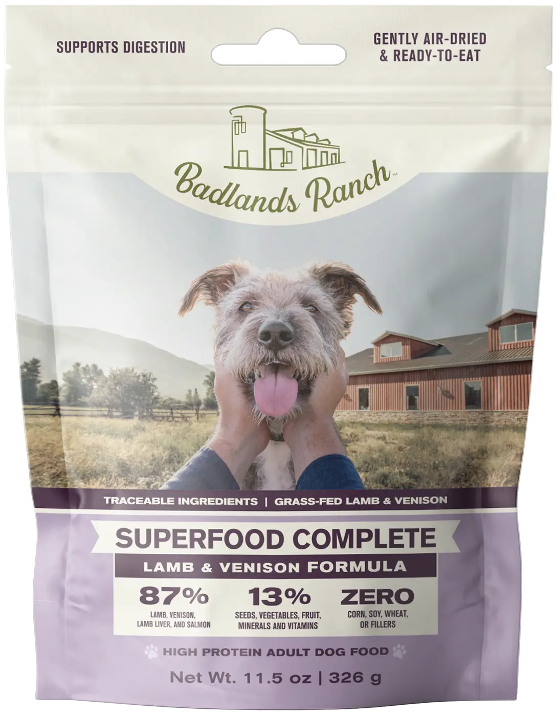 Front of Badlands Ranch Superfood Complete Air-Dried Dog Food Lamb & Venison 11.5-oz