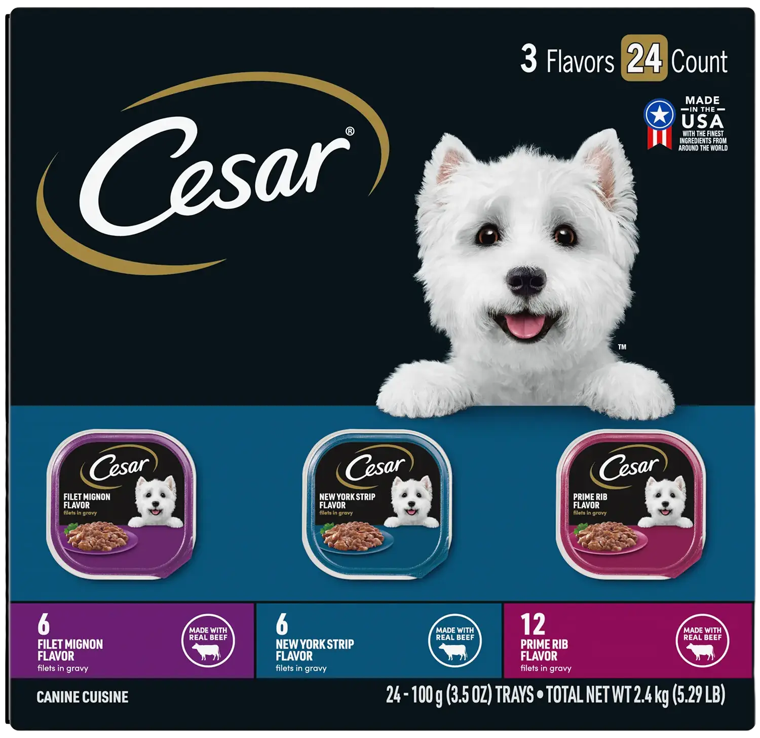 Front of Cesar Filets in Gravy Adult Wet Dog Food Variety Pack Prime Rib, Filet Mignon, New York Strip 24 Count 3.5-oz