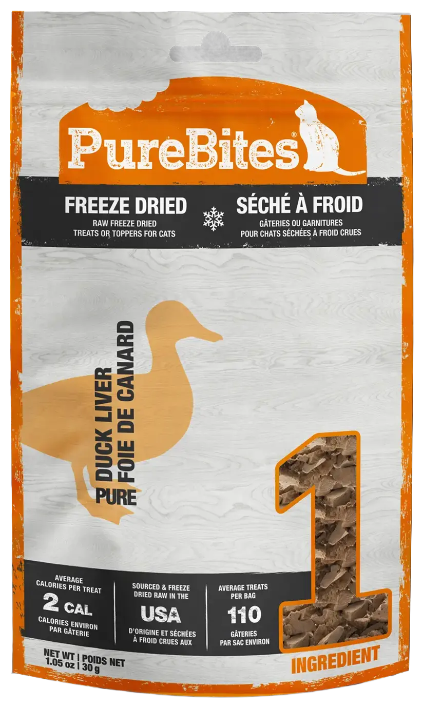 Front of PureBites Duck Liver Freeze-Dried Cat Treats 1.05-oz
