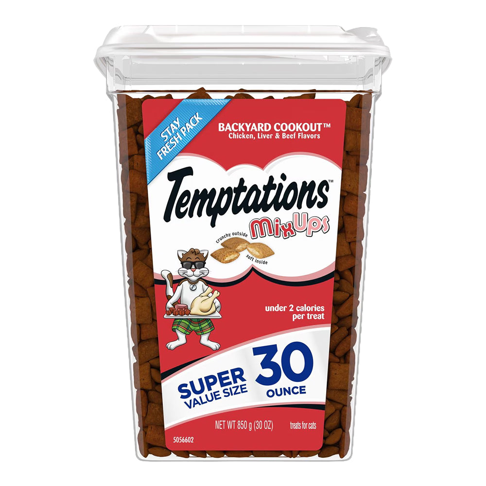 Front of Temptations MixUps Crunchy & Soft Adult Cat Treats Backyard Cookout 30-oz