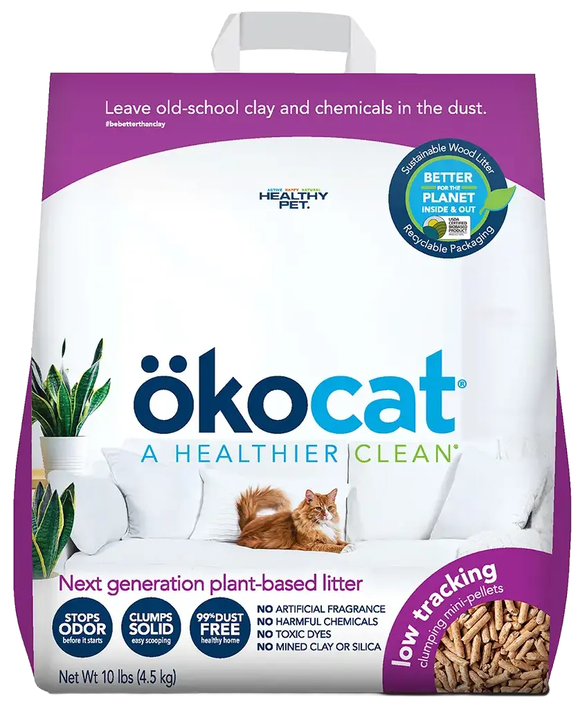 Front of Okocat Low Tracking Clumping Mini Pellets Wood Cat Litter 10-lb
