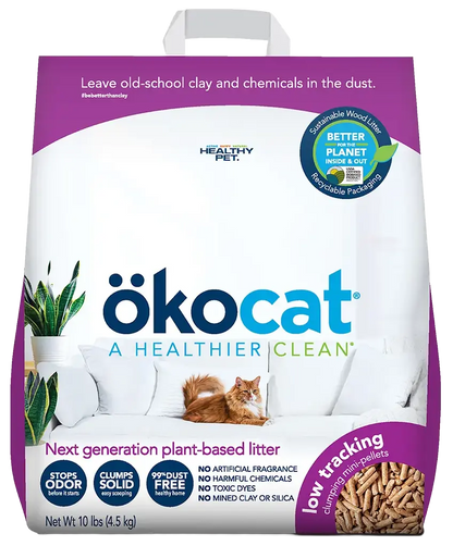 Front of Okocat Low Tracking Clumping Mini Pellets Wood Cat Litter 10-lb