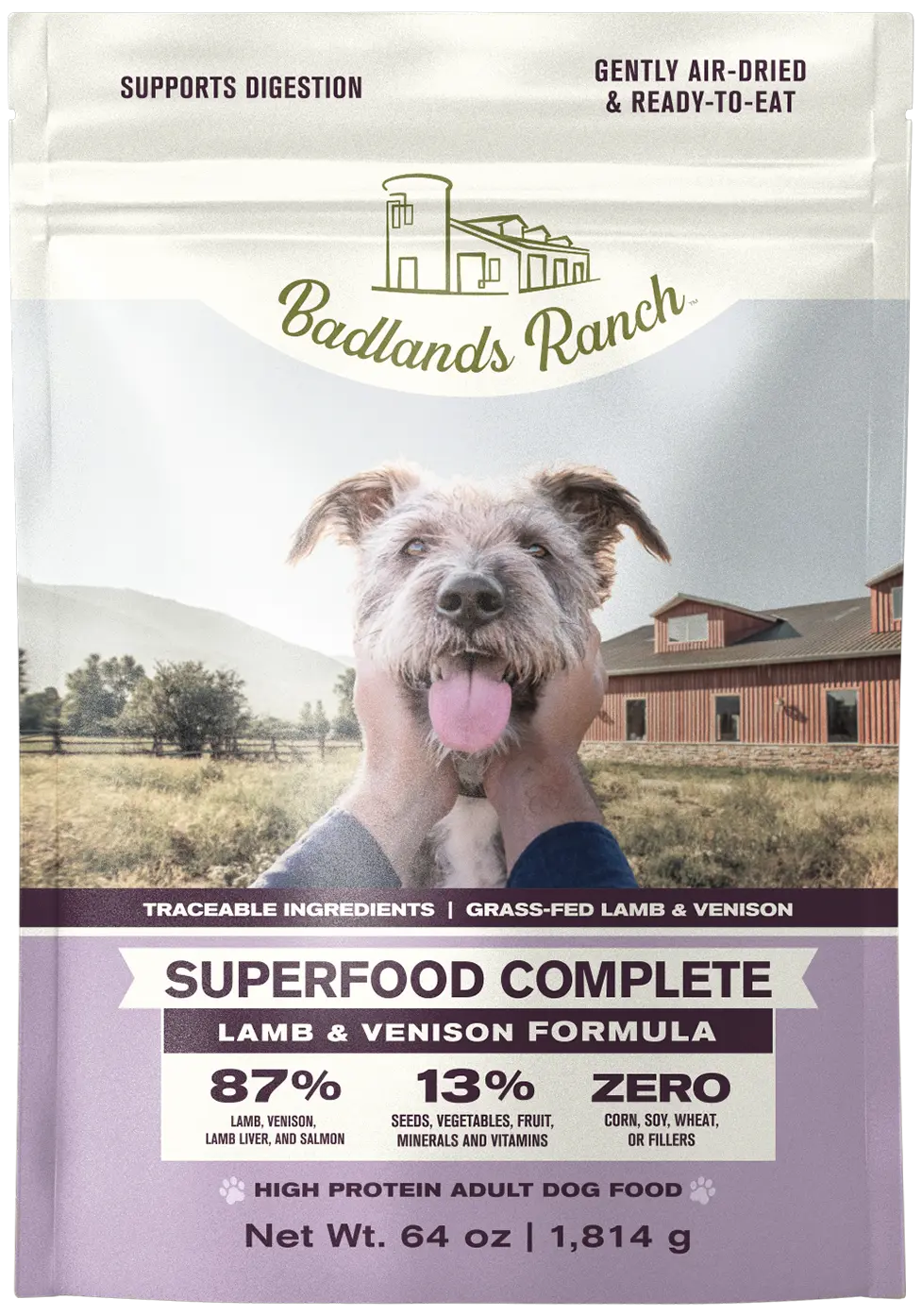 Front of Badlands Ranch Superfood Complete Air-Dried Dog Food Lamb & Venison 64-oz