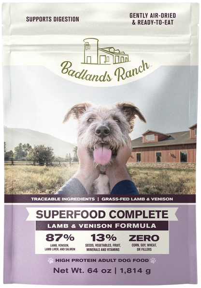 Front of Badlands Ranch Superfood Complete Air-Dried Dog Food Lamb & Venison 64-oz