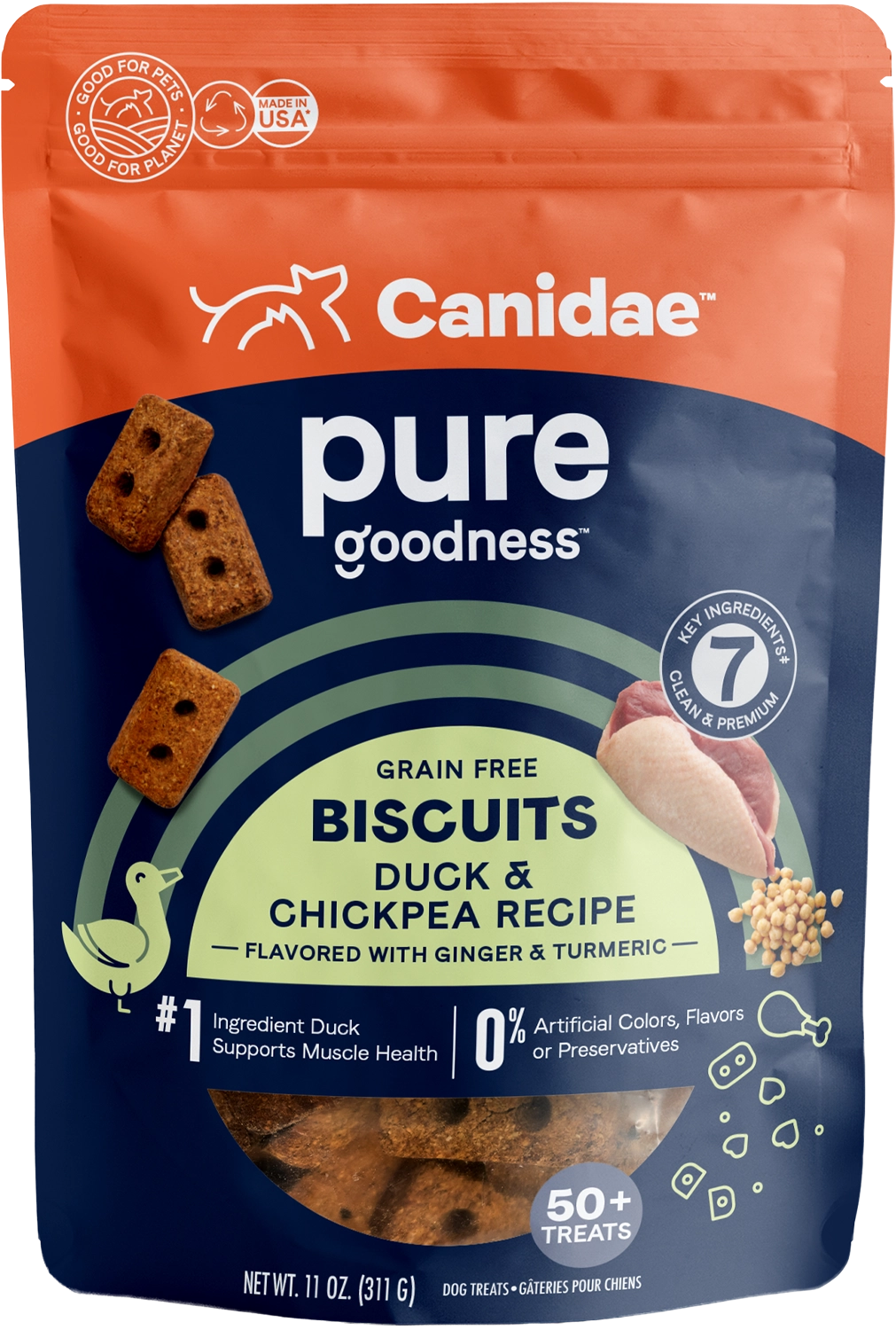 CANIDAE PURE Goodness Grain-Free Biscuit Dog Treats Duck & Chickpea