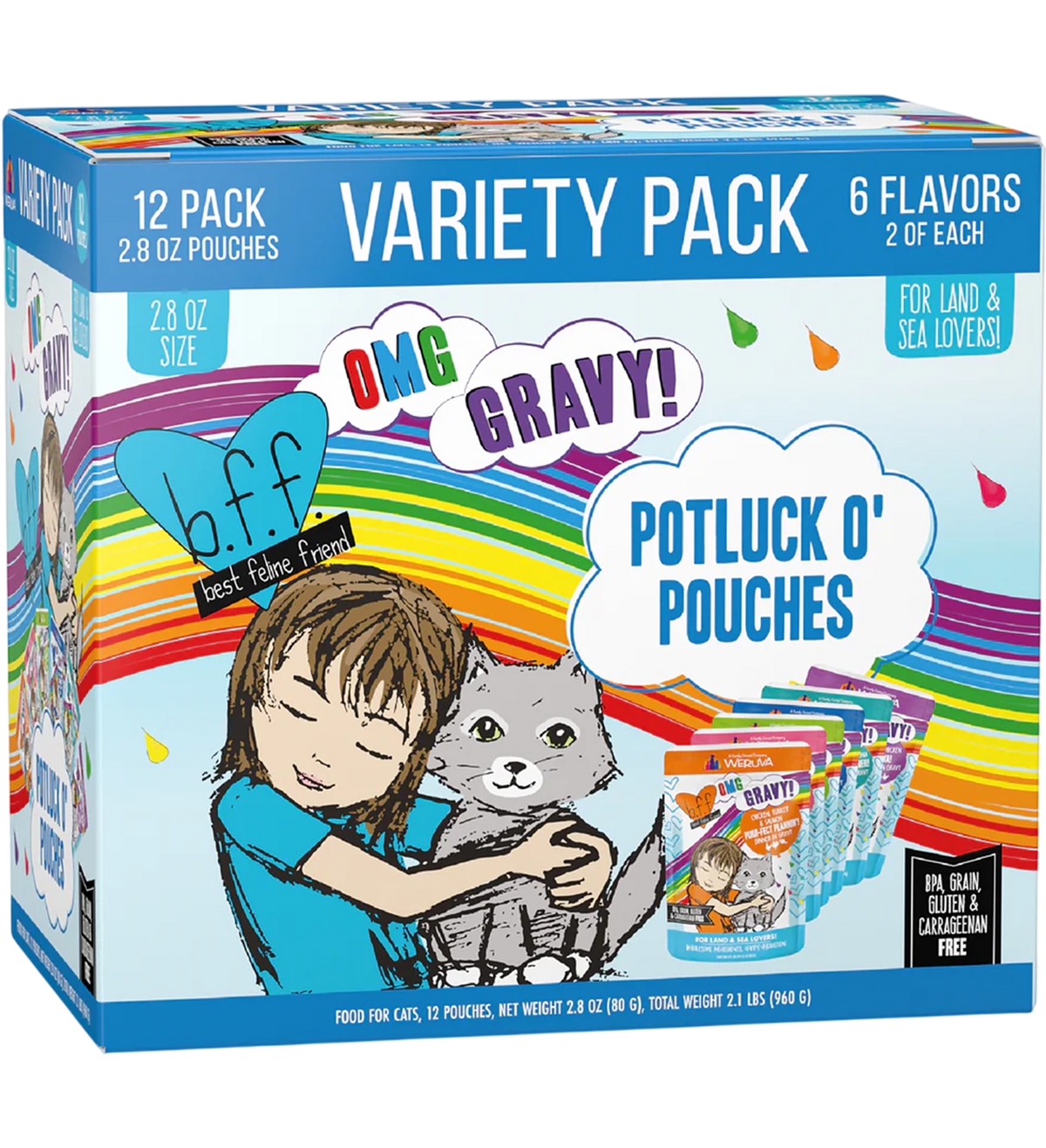 Front of Weruva B.F.F. OMG Potluck O' Pouches Variety Pack Wet Cat Food 2.8-oz Pouches 12 Count