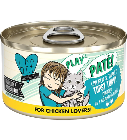 Front of Weruva B.F.F. PLAY Paté Chicken & Turkey Topsy Turvy Dinner in a Hydrating Purée Wet Cat Food 2.8-oz