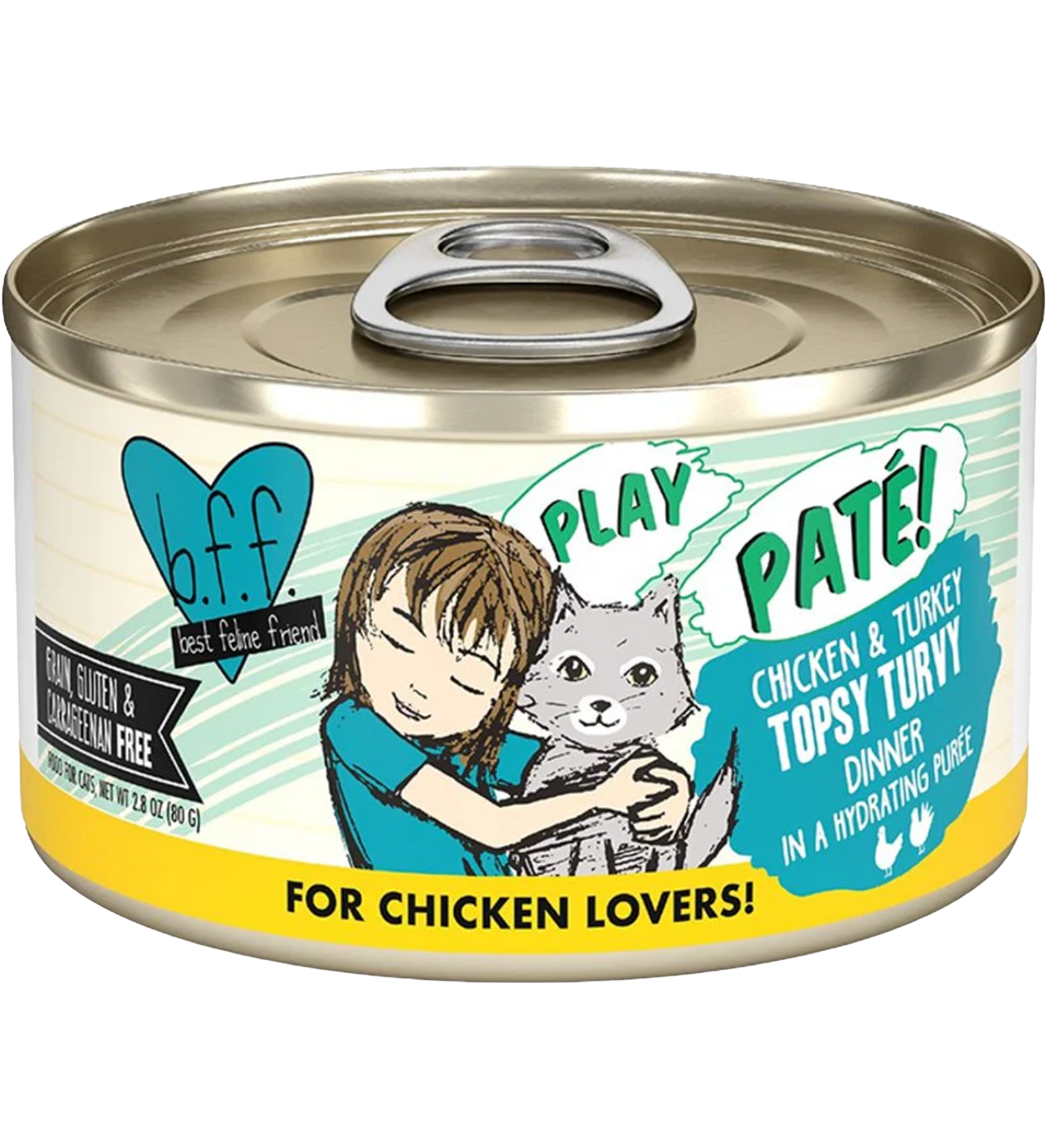 Front of Weruva B.F.F. PLAY Paté Chicken & Turkey Topsy Turvy Dinner in a Hydrating Purée Wet Cat Food 2.8-oz