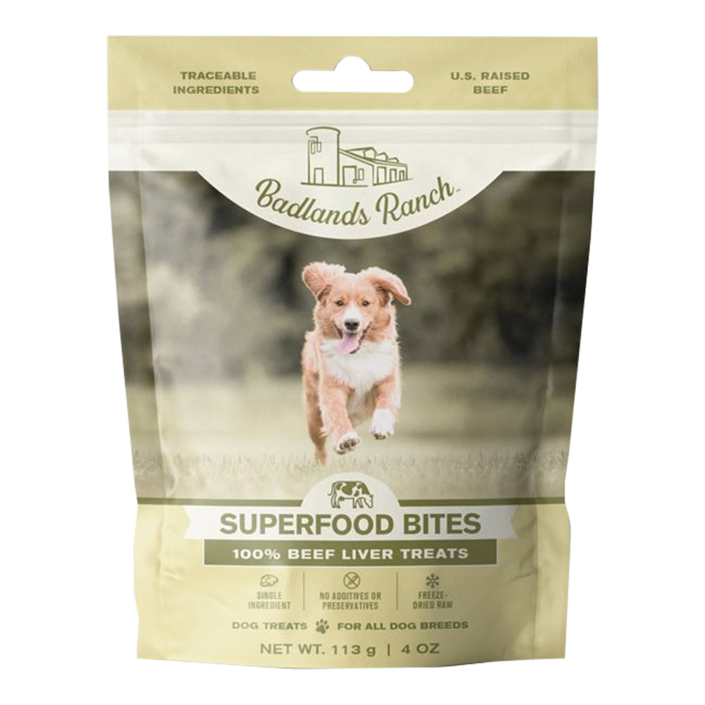 Front of Badlands Ranch Superfood Bites Freeze-Dried Raw Dog Treats Beef Liver 4-oz