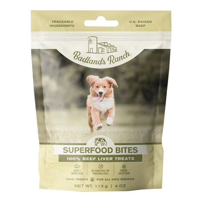 Front of Badlands Ranch Superfood Bites Freeze-Dried Raw Dog Treats Beef Liver 4-oz