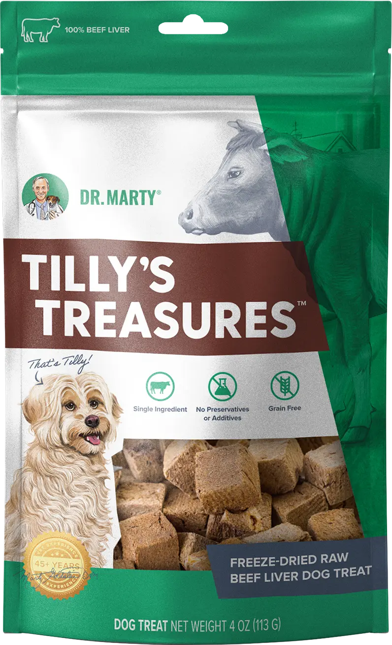 Front of Dr. Marty Tilly's Treasures Freeze-Dried Dog Treats Beef Liver 4-oz